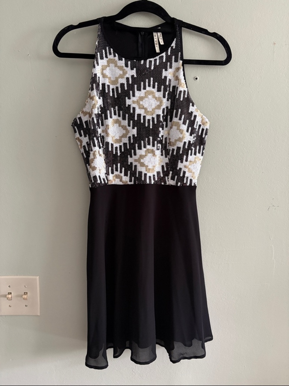 miami Black Mini Dress with White & Gold Sequin Bodice